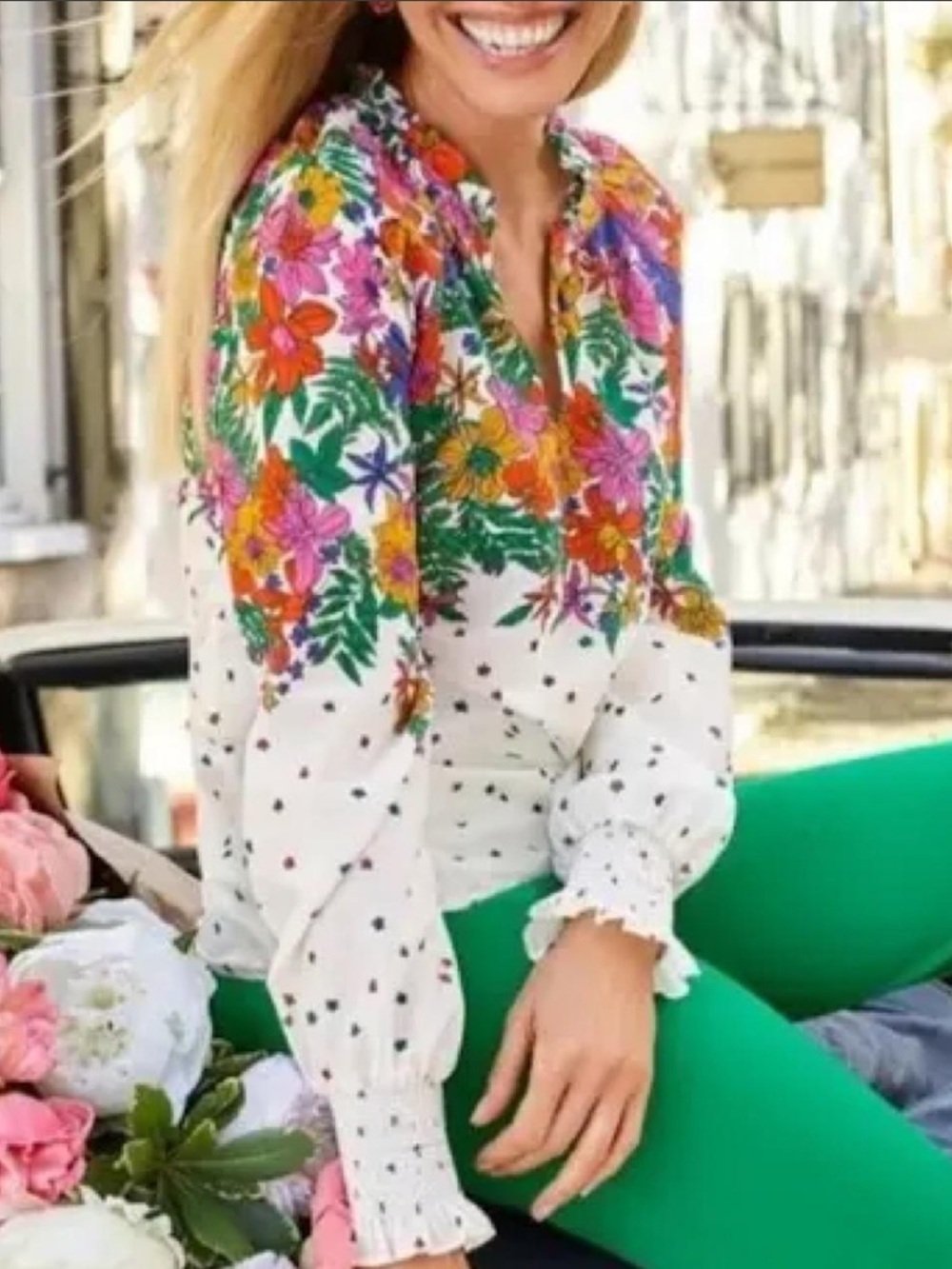 Talbots Blissful Floral Smocked Cuff Long Sleeve Blouse Sz XL 100% Cotton Multi